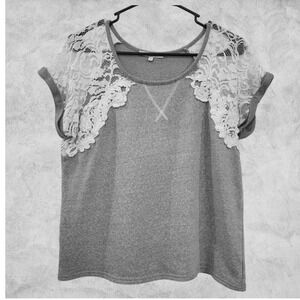 Miss Me Gray Feminine Lace Sleeve Sweatshirt Top Women's Size Large